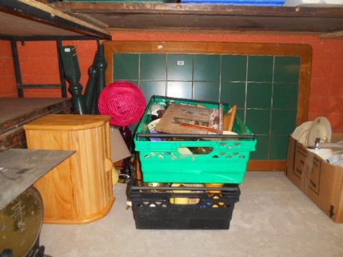 A Table with Green Tiled Top, Two Tables Lamps, Two Crates of Assorted Items & a Bread Bin.