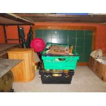 A Table with Green Tiled Top, Two Tables Lamps, Two Crates of Assorted Items & a Bread Bin.