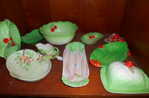 A Shelf of Naturalistic Serving Dishes including rhubarb dish, cruet set, etc. - Image 3 of 3