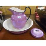 A Lawley's Pink Lustre Three-Piece Wash Set comprising a jug, basin & soap-dish.
