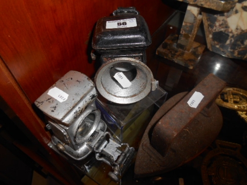 Two Antique Carbide Bike Lamps (Front & Rear), and a Flat-Iron.