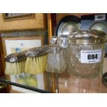 Two Victorian Silver-Backed Brushes, Silver Top Pot and Two Other Silver-Mounted Pieces.