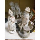 Two Reconstituted Stone Garden Figures & a Wooden Pair of Figures on a Base.