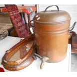 A Copper Water Boiler & a Part Horse Hames Leather Framed Mirror.