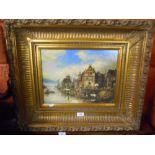 A Colour Print on Board, Venetian Scene, in heavy stepped gilt frame, a Group of Four Engravings