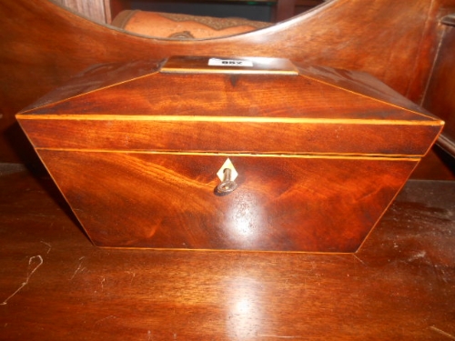 A 19th Century Mahogany & String Inlaid Sarcophagus Tea Caddy.