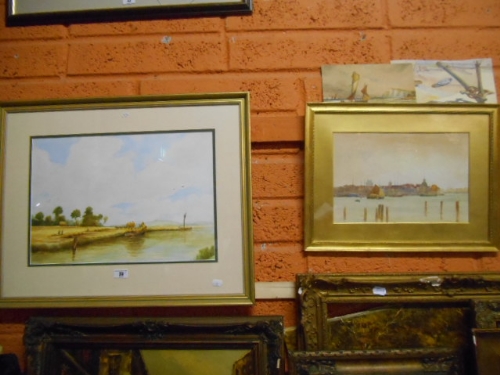 A Watercolour, Bringing in Hay by Boat, Coastal Watercolour & Two Similar Unframed Examples. - Image 2 of 3