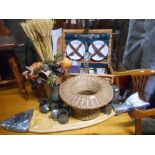 A Fitted Wicker Picnic Basket (As New), Hardwood Fish Server, Pewter Measures, Wine Rack, Signed