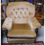 A Pair of Gold Velour Deep-Buttoned Armchairs with Cushions.