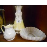 Three Pieces of Belleek, two green & one brown marks, including a 'Nile' vase, decorated with