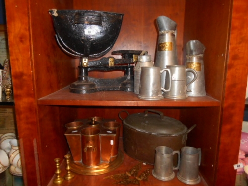 A Copper Drinks Warmer, Oval Fish Kettle, Set of Cast Iron Scales, Pewter Tankards Etc. (Two