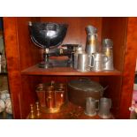 A Copper Drinks Warmer, Oval Fish Kettle, Set of Cast Iron Scales, Pewter Tankards Etc. (Two