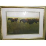 A Colour Print of Horses Grazing in a Meadow, in limed & gilt frame.