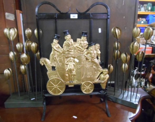 A Firescreen with Gilt Metal Coaching Scene Plaque & a Pair of Decorative Tulip Stands.