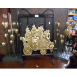 A Firescreen with Gilt Metal Coaching Scene Plaque & a Pair of Decorative Tulip Stands.