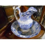 A 19th Century Blue and White Transfer Decorated Jug and Bowl.