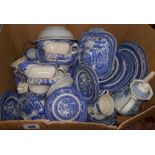 A Box of Blue & White Table Wares, Mainly in the Old Willow Pattern with cups, saucers, assorted