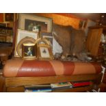 A Large Pine Kitchen Refectory Table, Two Seater Couch with Leather Cushions, and Three White Wicker