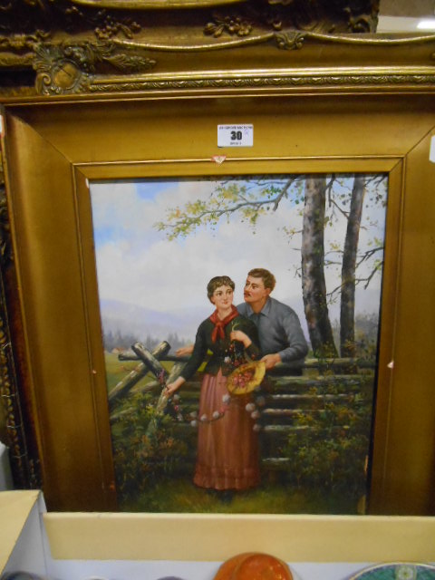 A Quantity of Oils & Oleographs including oil on panel of a courting couple, oleograph after - Image 3 of 3