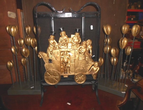 A Firescreen with Gilt Metal Coaching Scene Plaque & a Pair of Decorative Tulip Stands. - Image 2 of 2