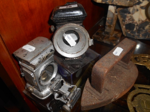 Two Antique Carbide Bike Lamps (Front & Rear), and a Flat-Iron. - Image 3 of 3