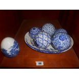 Six Decorative Blue & White Balls, Another & an Oval Platter.