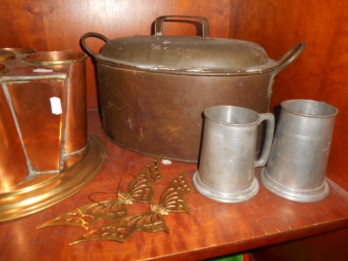 A Copper Drinks Warmer, Oval Fish Kettle, Set of Cast Iron Scales, Pewter Tankards Etc. (Two - Image 6 of 6