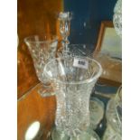 Four Pieces of Waterford Crystal; candlestick, two vases & a pedestal dish.