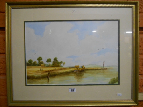 A Watercolour, Bringing in Hay by Boat, Coastal Watercolour & Two Similar Unframed Examples. - Image 3 of 3