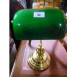 A 1930s Style Brass Bankers Lamp with opaque green glass shade.