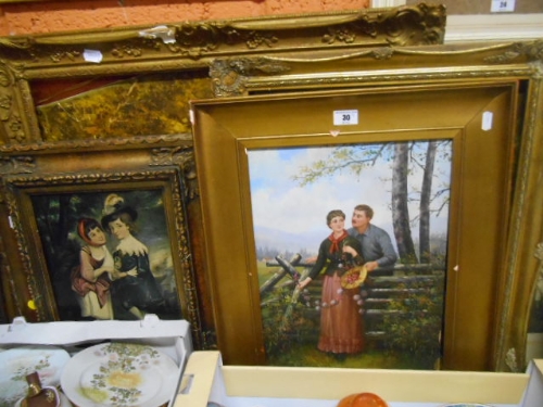 A Quantity of Oils & Oleographs including oil on panel of a courting couple, oleograph after