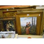 A Quantity of Oils & Oleographs including oil on panel of a courting couple, oleograph after