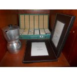 A Case Containing Colourful Slides, Three Modern Picture Frames & a Retro Coffee Pot.