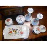 An Ivory Made Dressing Table Set with lidded pots, tray, ring holder and a pair of candle holders (