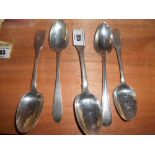 Four Irish Silver Dessert Spoons, Dublin 1791, 1811, 1834 & 1841, and One Other Silver Dessert