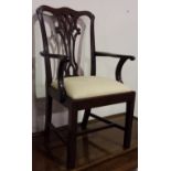 A CHILD'S CHIPPENDALE TRADITION MAHOGANY ELBOW CHAIR, DROP IN SEAT, SQUARE SUPPORTS, CARVED SPLAT