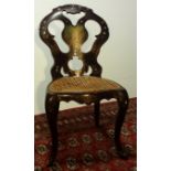 A FINE VICTORIAN PAPIER MACHE CHAIR WITH MOTHER OF PEARL INLAY, HAND PAINTED DECORATION AND FULL