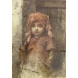 LONTANA, YOUNG CHILD WITH HEAD SCARF, WATERCOLOUR. SIGNED LOWER LEFT, ORIGINAL GILT MOUNT AND FRAME.
