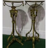 A PAIR OF ORMOLU AND MARBLE TOPPED SHAPED JARDINIERE STANDS. HEIGHT 28ins. DIAMETER 12ins.