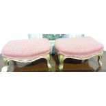 A RECTANGULAR PAIR OF FRENCH ANTIQUE, SHAPED, GILDED CARIOLE LEG FOOT STOOLS, UPHOLSTERED IN A