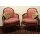 A PAIR OF STAINED BEECH WOOD FRENCH TRADITION ARMCHAIRS, UPHOLSTERED IN A BOIS DE ROSE PINK,