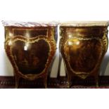 A PAIR OF ORMOLU MOUNTED FRENCH COMMODES, SINGLE HEART SHAPED DOOR, TULIP AND OTHER WOODS, MARBLE