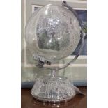 A FINE CUT GLASS WATERFORD GLOBE ON A CUT GLASS MATCHING STAND.