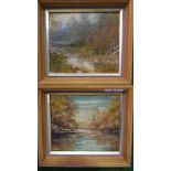 W. COLGAN, PAIR OF SMALL OILS ON PANELS, RIVER AND FOREST SCENES. SIGNED LOWER LEFT, FRAMED. 5 ½