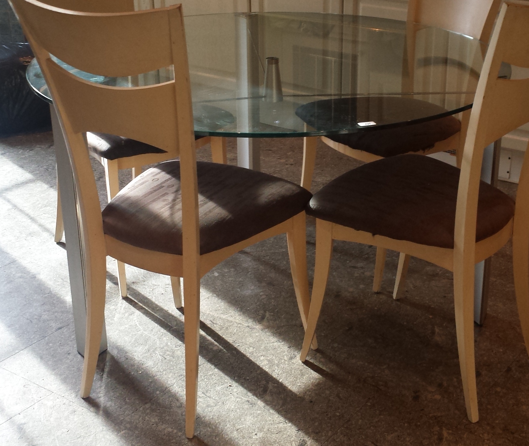 A Circular Designer Glass Kitchen Table & Six Contemporary Suede Dining Chairs (three brown &