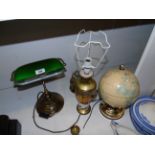 A Four Brass Lamps, to include an office desk lamp with green shade.