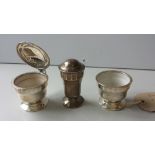 A Trio Of Silver Pepperette Shaker, Mustard Bowl and Salt Bowl. Birmingham 1913, J. Gloster Ltd.