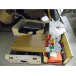 A Box of Electrical and Computer Accessories: printer, webcam, routers, DED player, leads, scarts,