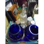 A Box of Various Items, to include a pair of cobalt blue glass vases, decanter & stopper, oil
