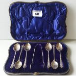 A Late Victorian Set of Six Albany Pattern Teaspoons and Tongs. London, William Hutton and Sons